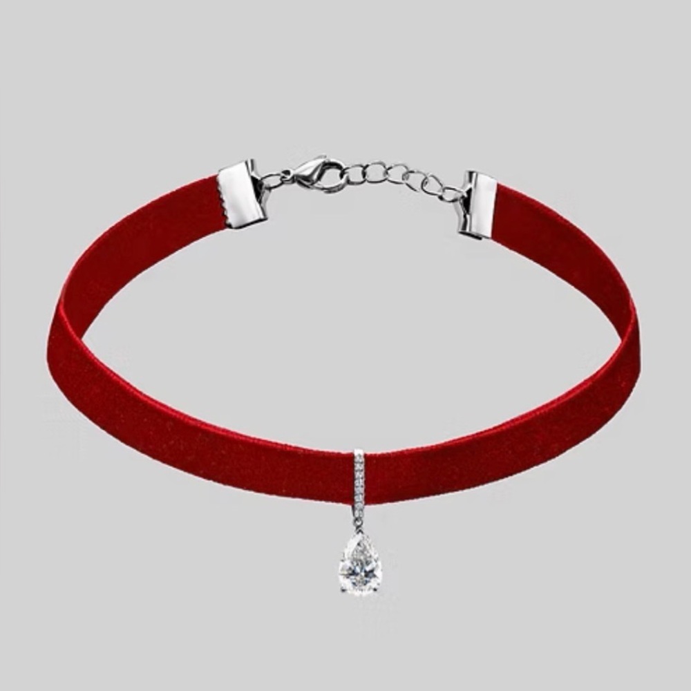 Red Velvet Pear-Shaped Swarovski Crystal Choker Necklace Adjustable